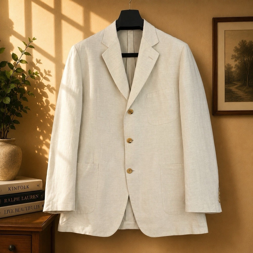 Hermes Blazer Mens 42R Light Beige Cotton Linen Italy Unlined 3 Button Luxury